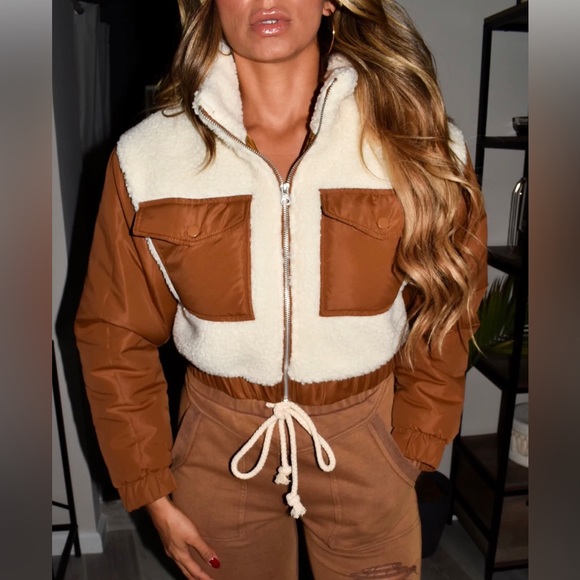 Brown Thermal Teddy Sherpa Jacket Cropped - Picture 1 of 2